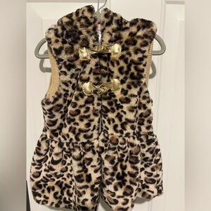 Faux Fur Leopard Print Vest with Gold Toggle Closures and hood with ears